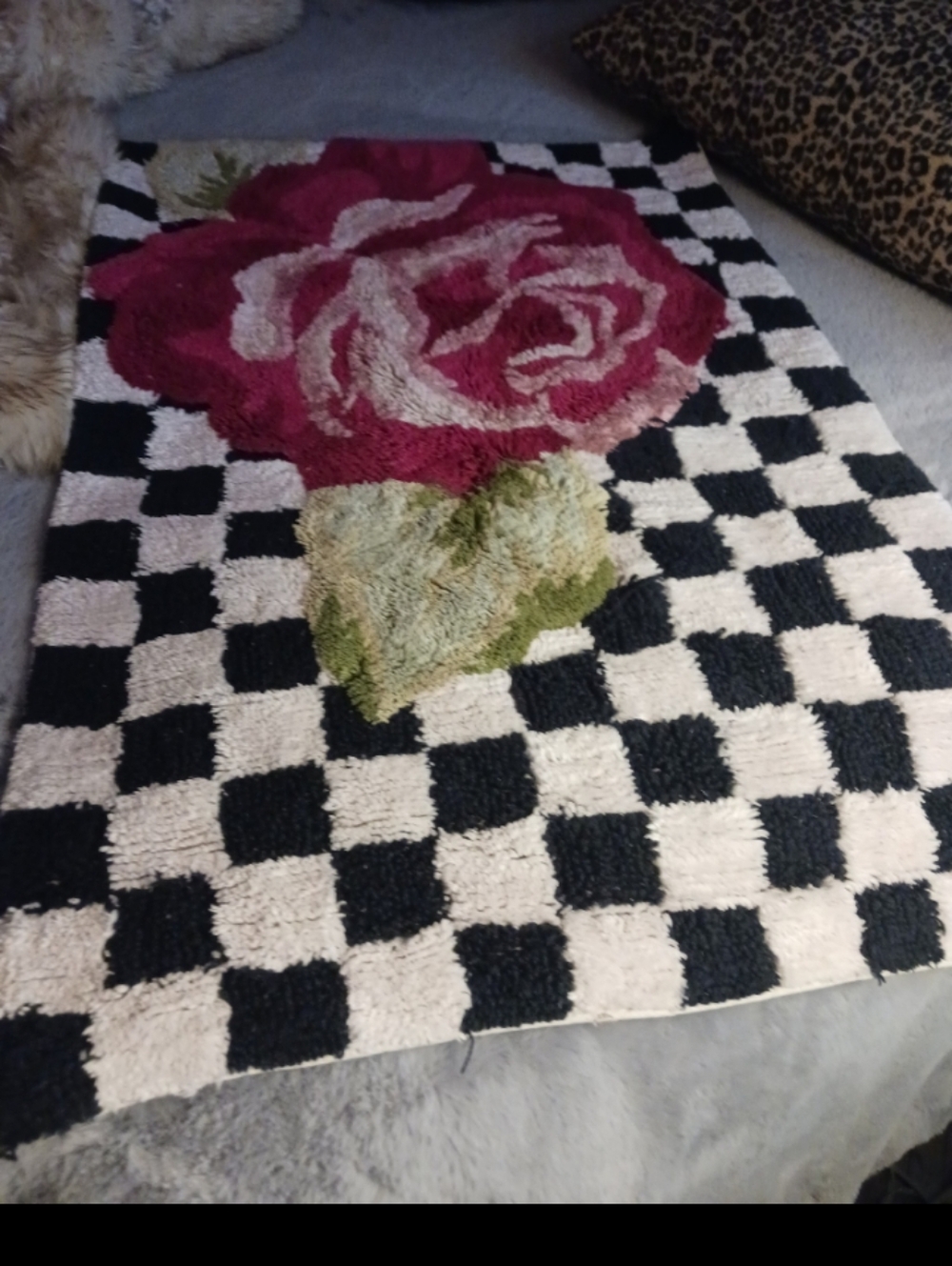 Mackenize Childs Checkerboard Floral Accent Rug - Pink Rose on Black & White